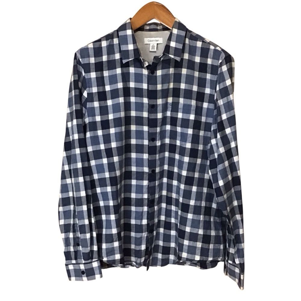 Calvin Klein Blue Plaid Cotton Button Up Shirt L